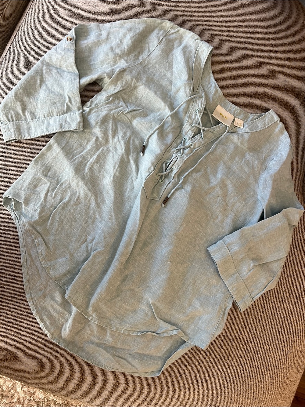 Anthropologie Maeve Pale Blue Linen Tie-Front Blouse